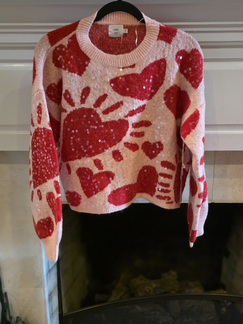 Luna Pink Sequin Heart Crewneck Sweater - Red Heart Accents